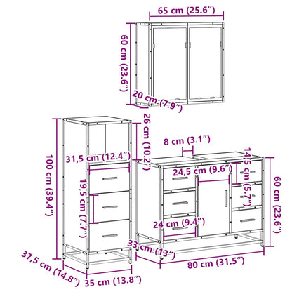 Set Mobili da Bagno 3 pz Rovere Fumo in Legno Multistrato | homemem39