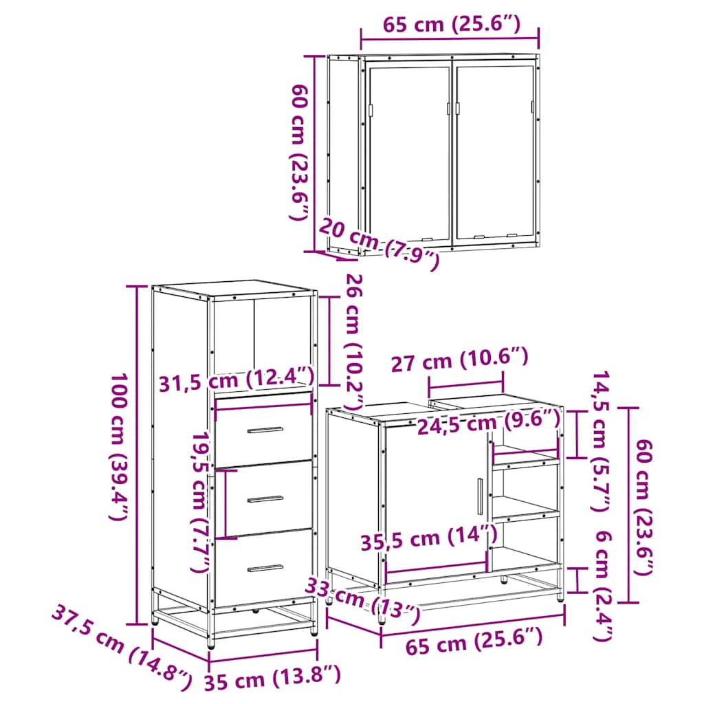 Set Mobili da Bagno 3 pz Rovere Sonoma in Legno Multistrato | homemem39