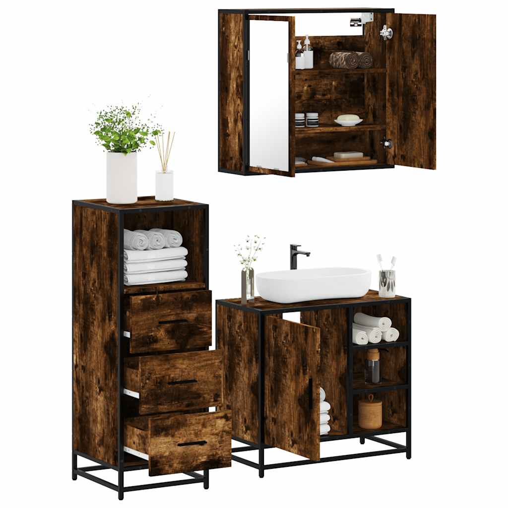 Set Mobili da Bagno 3 pz Rovere Fumo in Legno Multistrato | homemem39