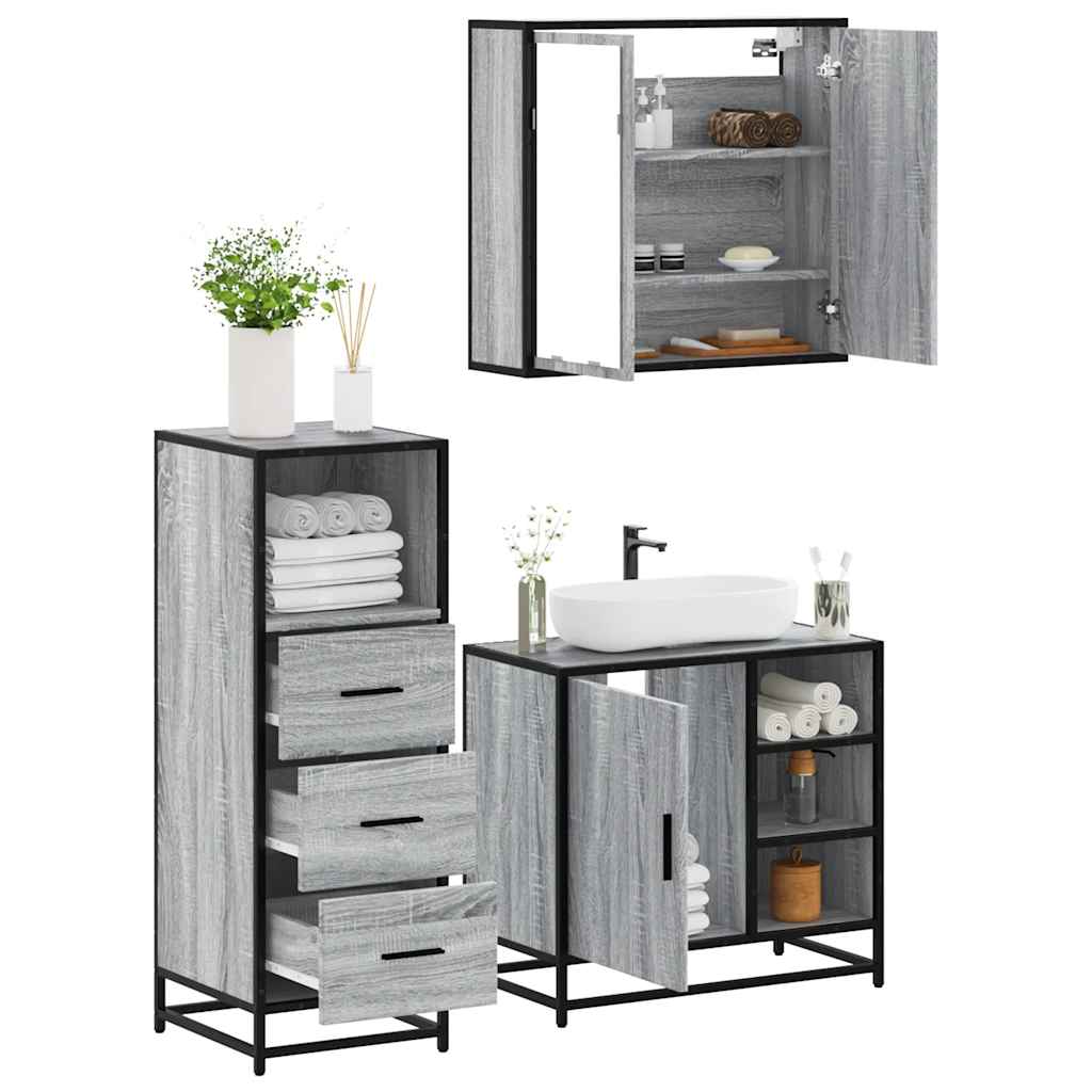 Set Mobili da Bagno 3 pz Grigio Sonoma in Legno Multistrato | homemem39