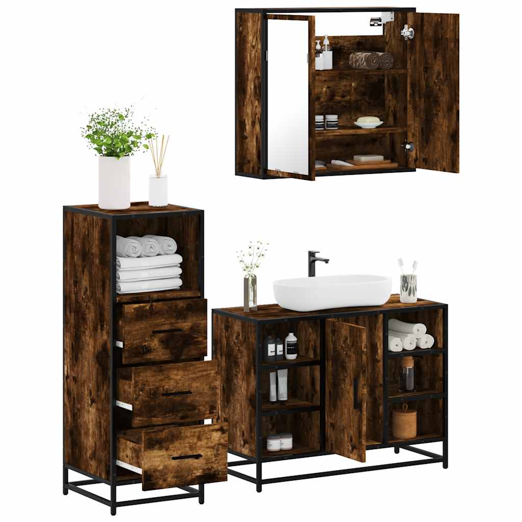 Set Mobili da Bagno 3 pz Rovere Fumo in Legno Multistrato | homemem39