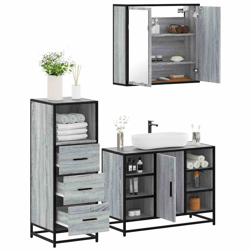 Set Mobili da Bagno 3 pz Grigio Sonoma in Legno Multistrato | homemem39