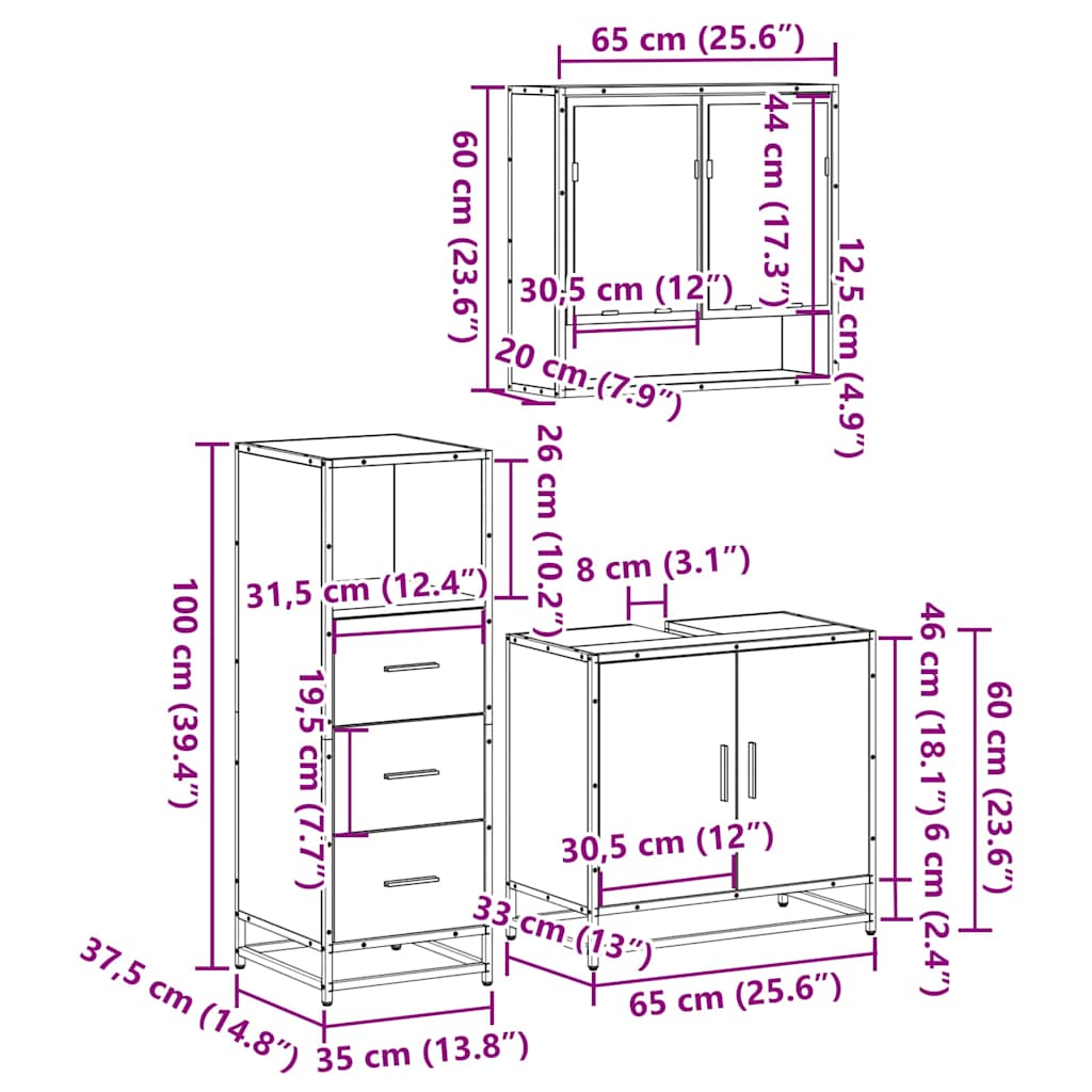 Set Mobili da Bagno 3 pz Rovere Sonoma in Legno Multistrato | homemem39