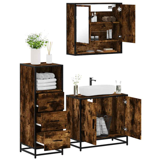 Set Mobili da Bagno 3 pz Rovere Fumo in Legno Multistrato | homemem39