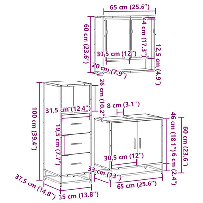 Set Mobili da Bagno 3 pz Grigio Sonoma in Legno Multistrato | homemem39