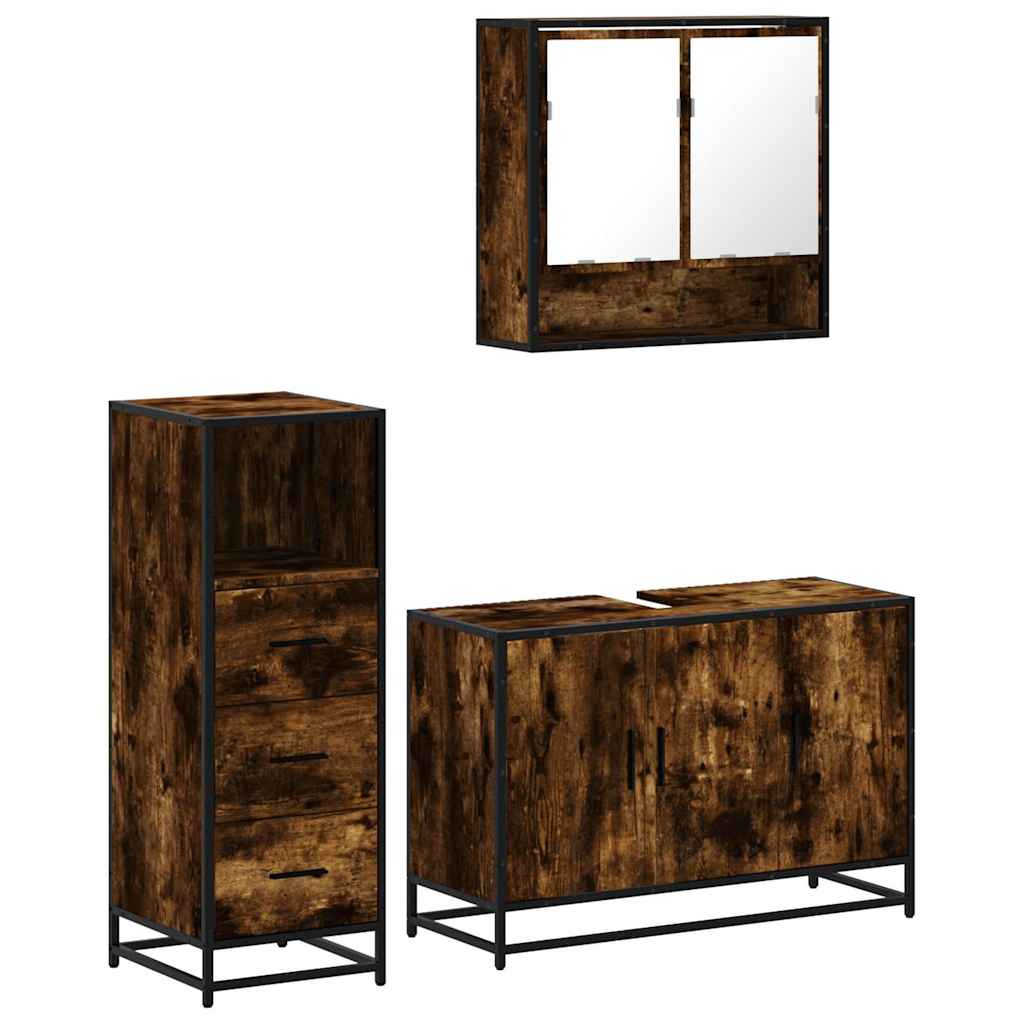Set Mobili da Bagno 3 pz Rovere Fumo in Legno Multistrato
