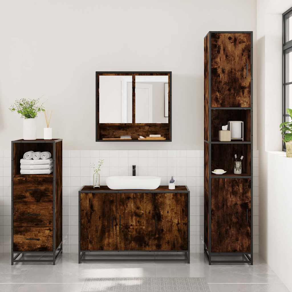 Set Mobili da Bagno 3 pz Rovere Fumo in Legno Multistrato