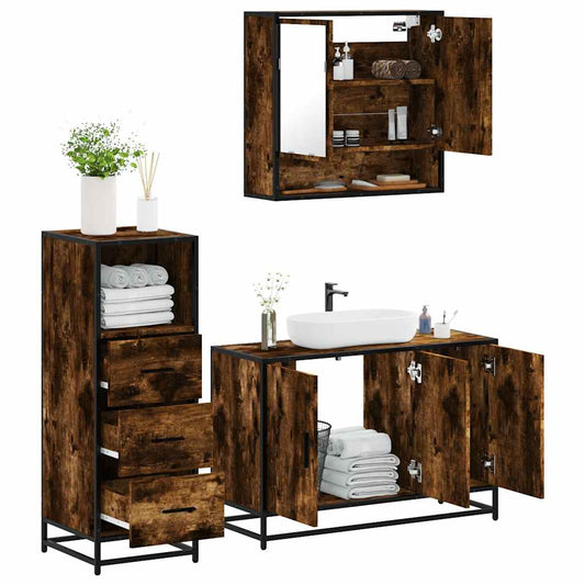 Set Mobili da Bagno 3 pz Rovere Fumo in Legno Multistrato | homemem39