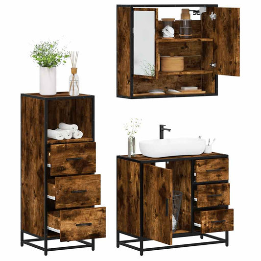 Set Mobili da Bagno 3 pz Rovere Fumo in Legno Multistrato | homemem39