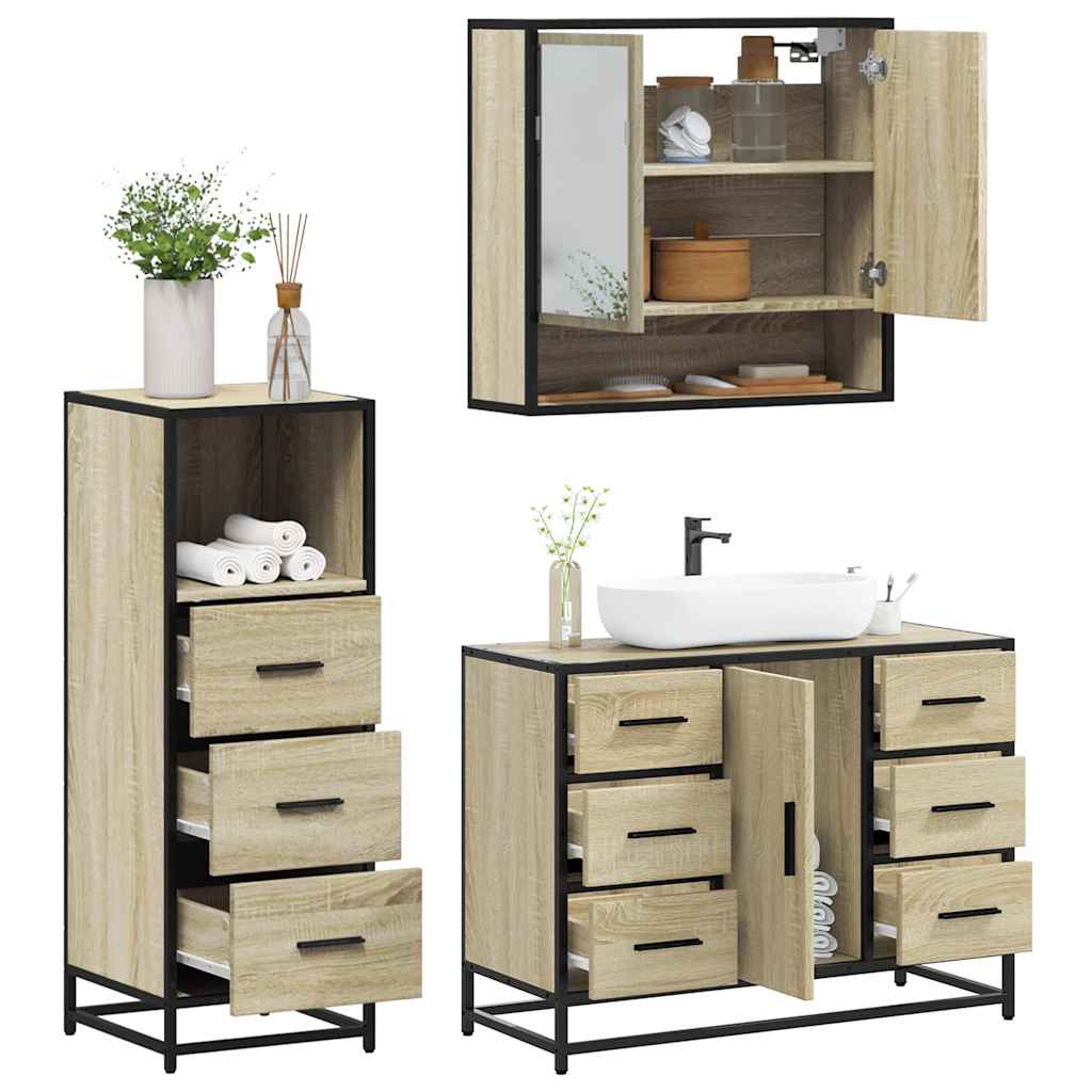 Set Mobili da Bagno 3 pz Rovere Sonoma in Legno Multistrato