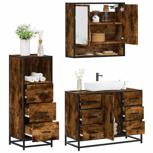 Set Mobili da Bagno 3 pz Rovere Fumo in Legno Multistrato | homemem39