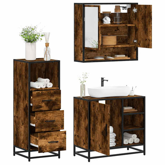 Set Mobili da Bagno 3 pz Rovere Fumo in Legno Multistrato | homemem39