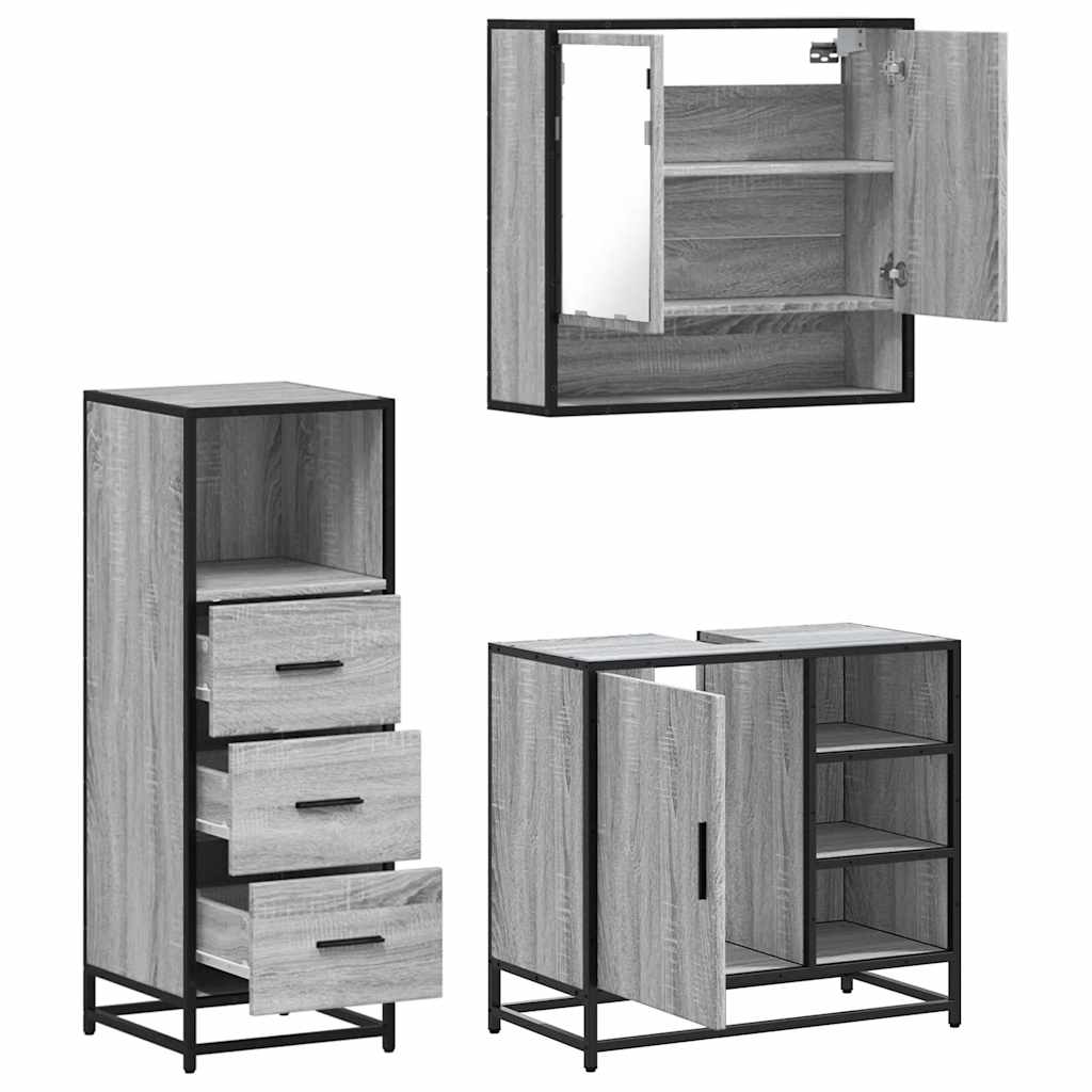Set Mobili da Bagno 3 pz Grigio Sonoma in Legno Multistrato | homemem39