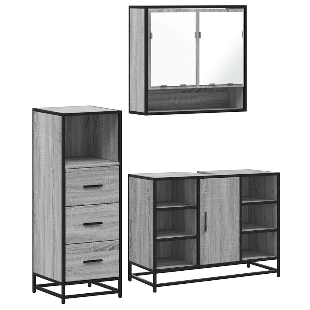 Set Mobili da Bagno 3 pz Grigio Sonoma in Legno Multistrato | homemem39