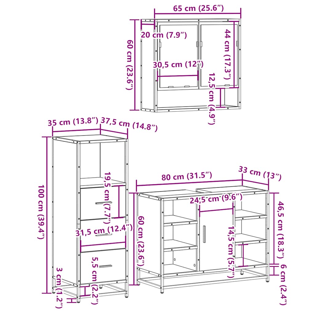 Set Mobili da Bagno 3 pz Grigio Sonoma in Legno Multistrato | homemem39
