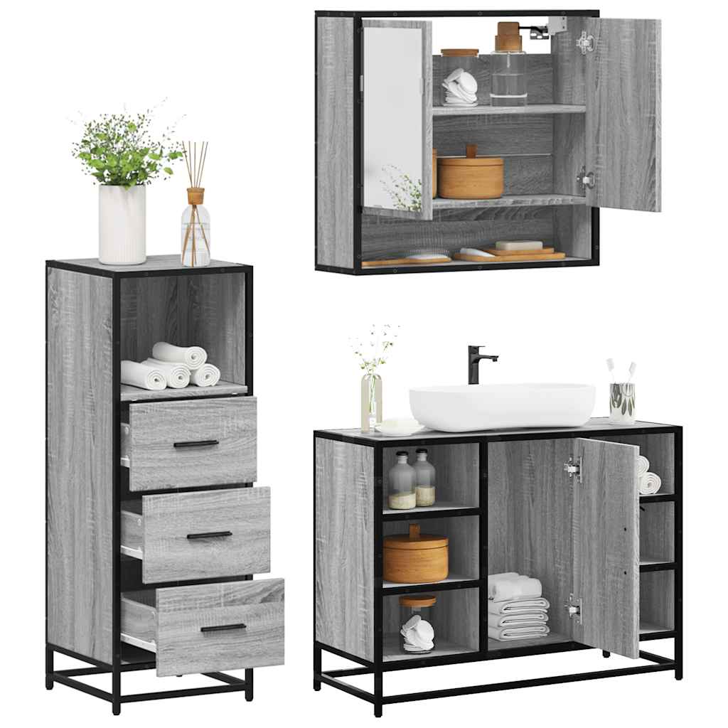 Set Mobili da Bagno 3 pz Grigio Sonoma in Legno Multistrato | homemem39