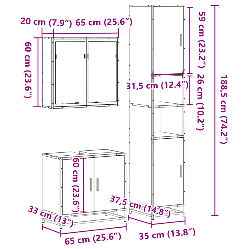 Set Mobili da Bagno 3 pz Rovere Sonoma in Legno Multistrato | homemem39