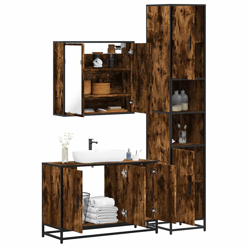 Set Mobili da Bagno 3 pz Rovere Fumo in Legno Multistrato | homemem39