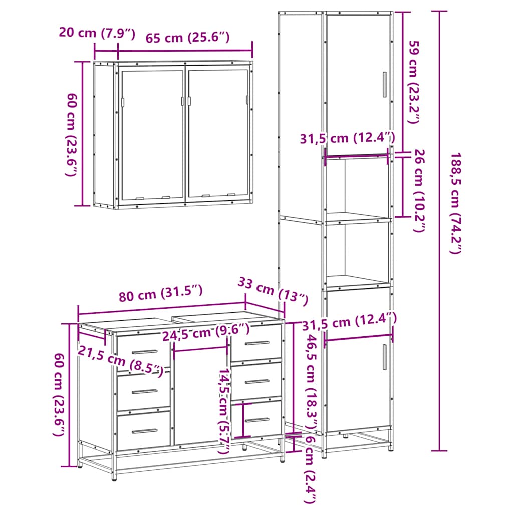 Set Mobili da Bagno 3 pz Rovere Fumo in Legno Multistrato | homemem39