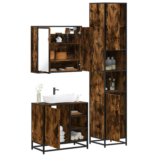 Set Mobili da Bagno 3 pz Rovere Fumo in Legno Multistrato | homemem39