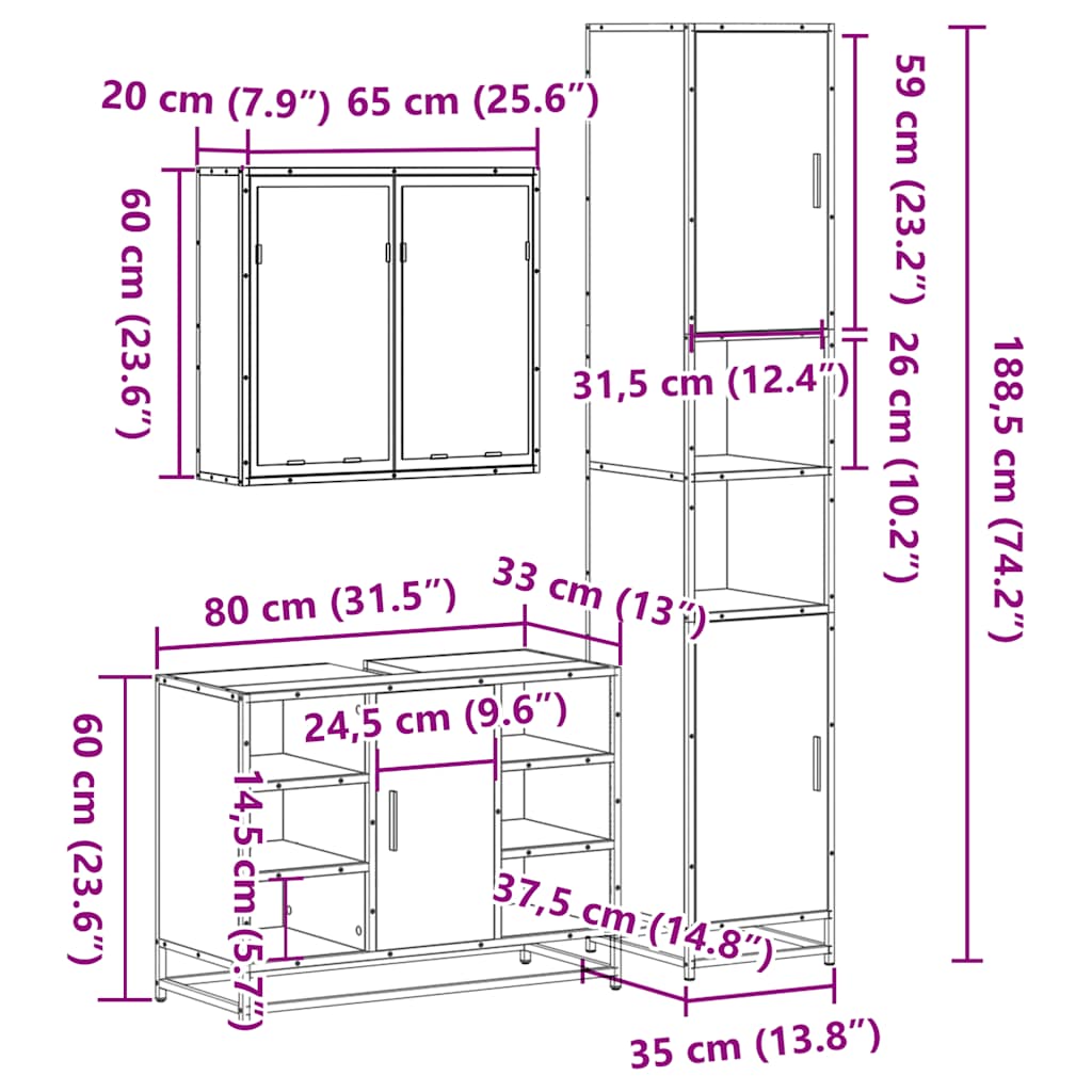 Set Mobili da Bagno 3 pz Rovere Sonoma in Legno Multistrato | homemem39