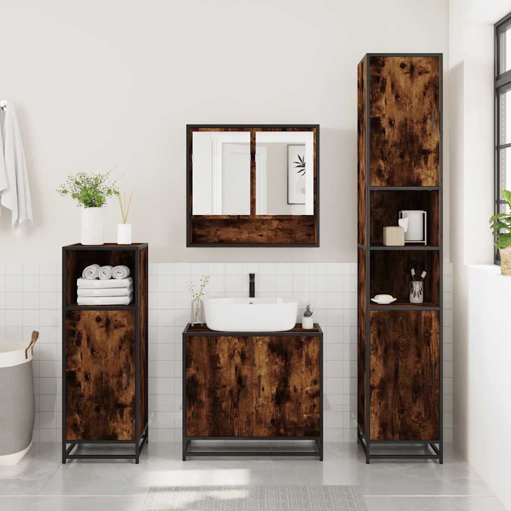 Set Mobili da Bagno 3 pz Rovere Fumo in Legno Multistrato