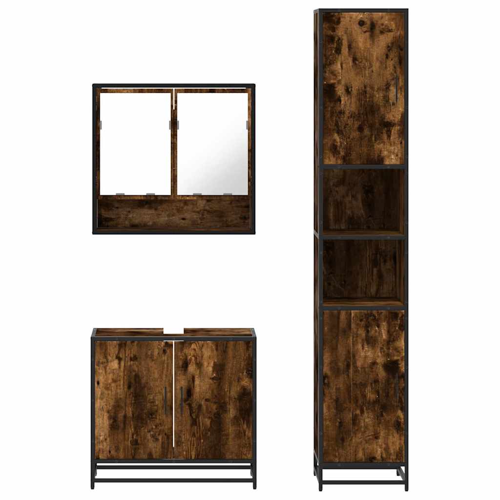 Set Mobili da Bagno 3 pz Rovere Fumo in Legno Multistrato