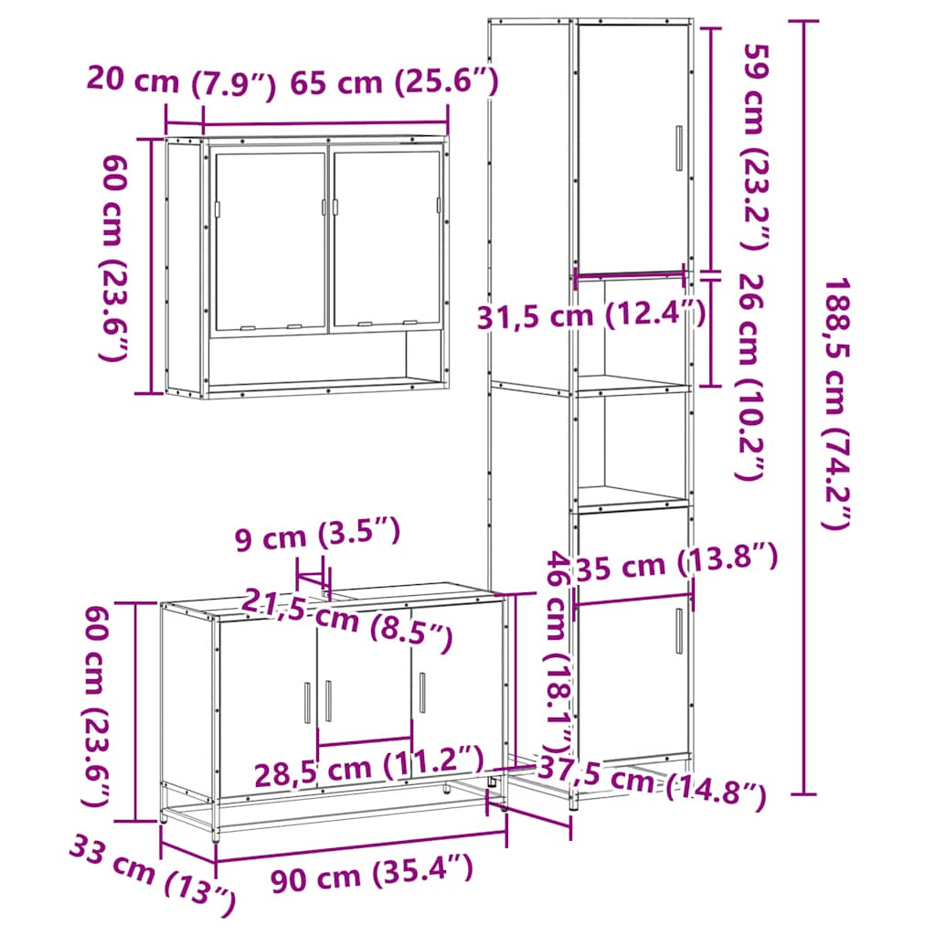 Set Mobili da Bagno 3 pz Rovere Sonoma in Legno Multistrato | homemem39