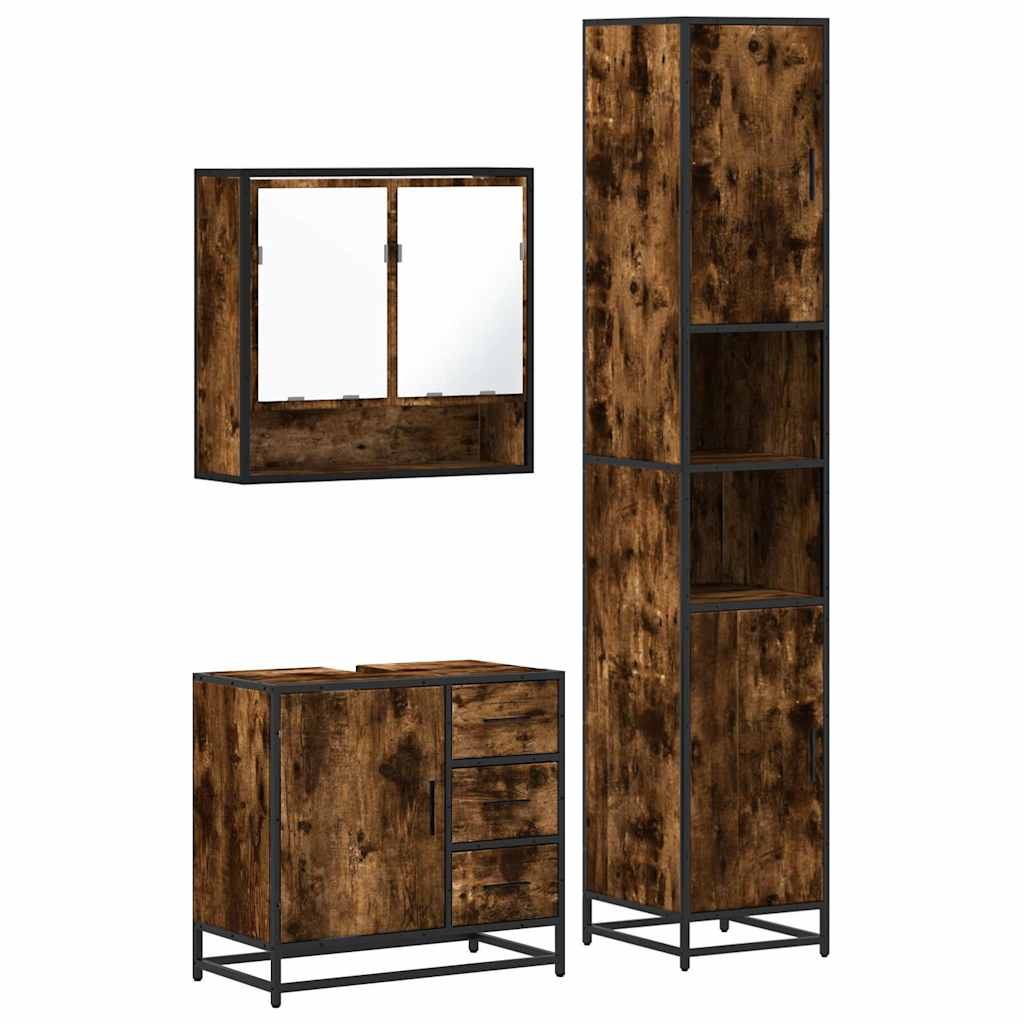 Set Mobili da Bagno 3 pz Rovere Fumo in Legno Multistrato | homemem39
