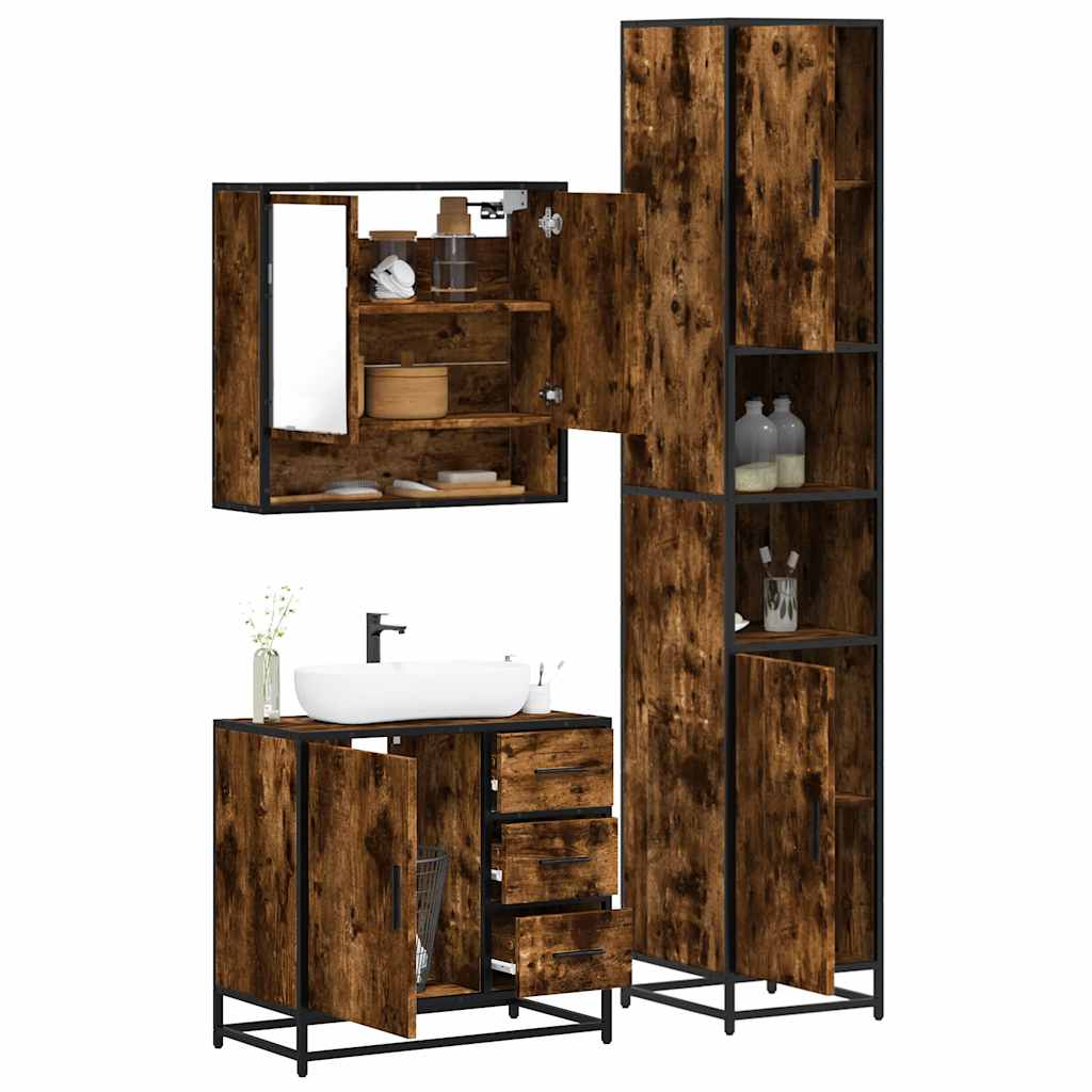 Set Mobili da Bagno 3 pz Rovere Fumo in Legno Multistrato | homemem39