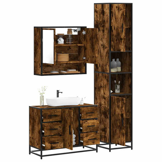 Set Mobili da Bagno 3 pz Rovere Fumo in Legno Multistrato | homemem39