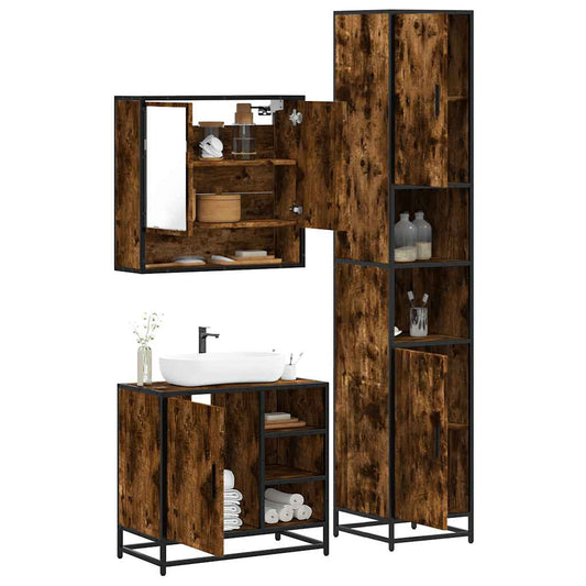 Set Mobili da Bagno 3 pz Rovere Fumo in Legno Multistrato | homemem39