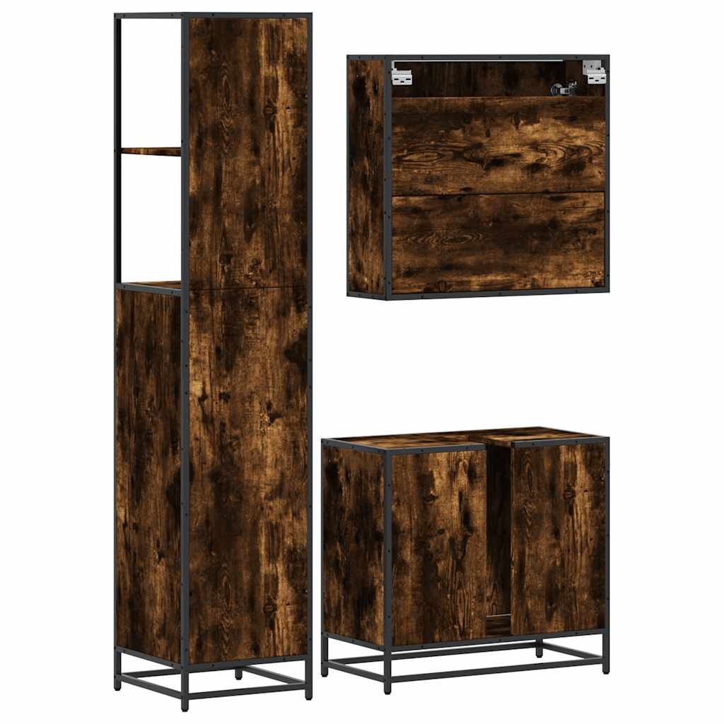 Set Mobili da Bagno 3 pz Rovere Fumo in Legno Multistrato | homemem39
