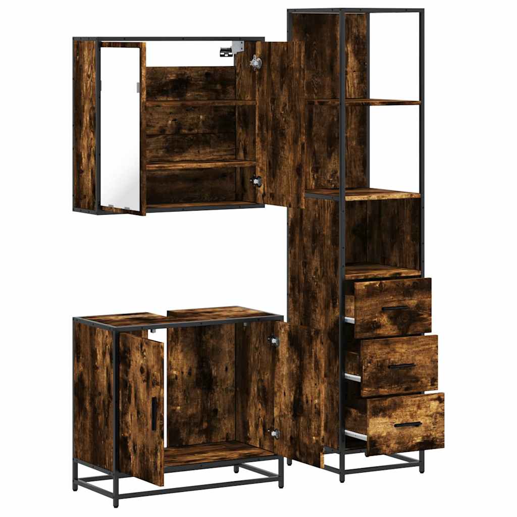 Set Mobili da Bagno 3 pz Rovere Fumo in Legno Multistrato | homemem39