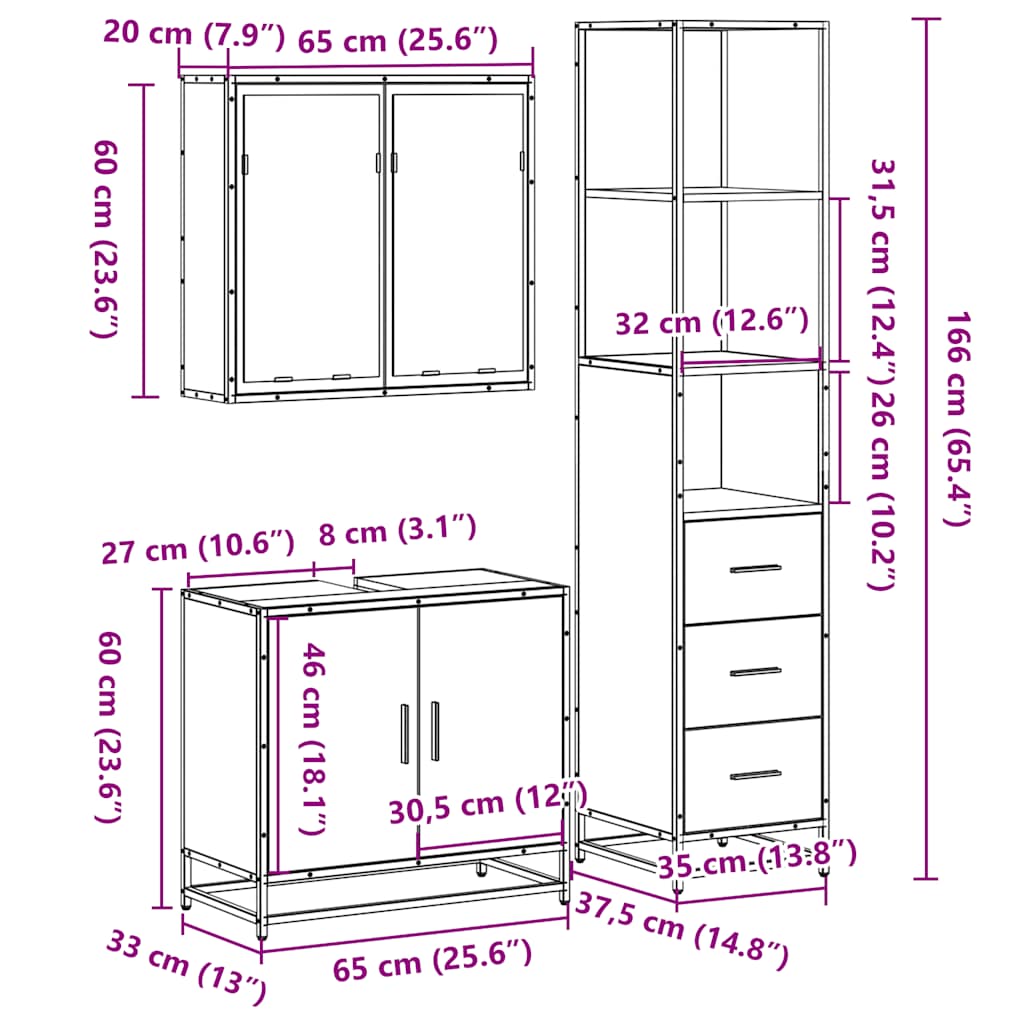 Set Mobili da Bagno 3 pz Rovere Fumo in Legno Multistrato | homemem39