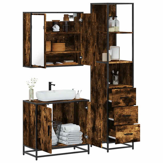 Set Mobili da Bagno 3 pz Rovere Fumo in Legno Multistrato | homemem39