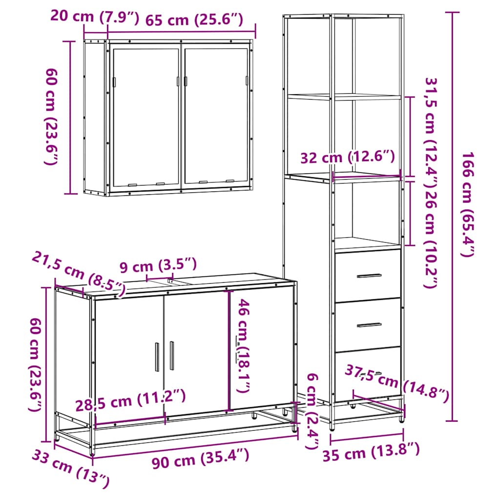 Set Mobili da Bagno 3 pz Rovere Sonoma in Legno Multistrato | homemem39