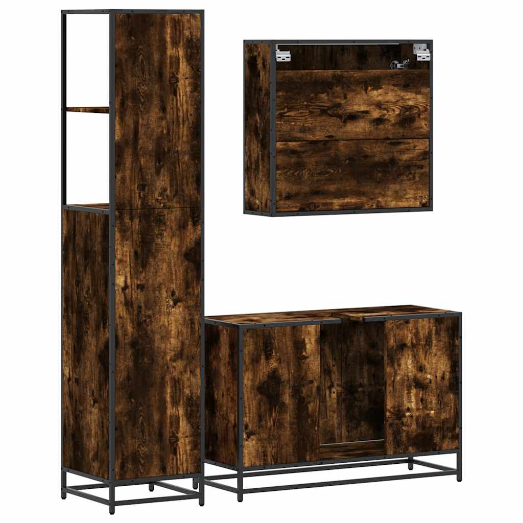 Set Mobili da Bagno 3 pz Rovere Fumo in Legno Multistrato | homemem39