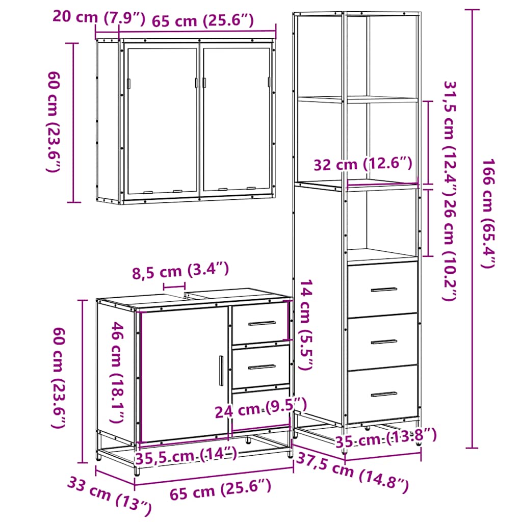 Set Mobili da Bagno 3 pz Rovere Sonoma in Legno Multistrato | homemem39