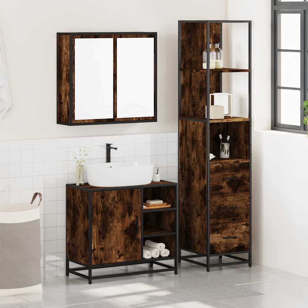 Set Mobili da Bagno 3 pz Rovere Fumo in Legno Multistrato | homemem39