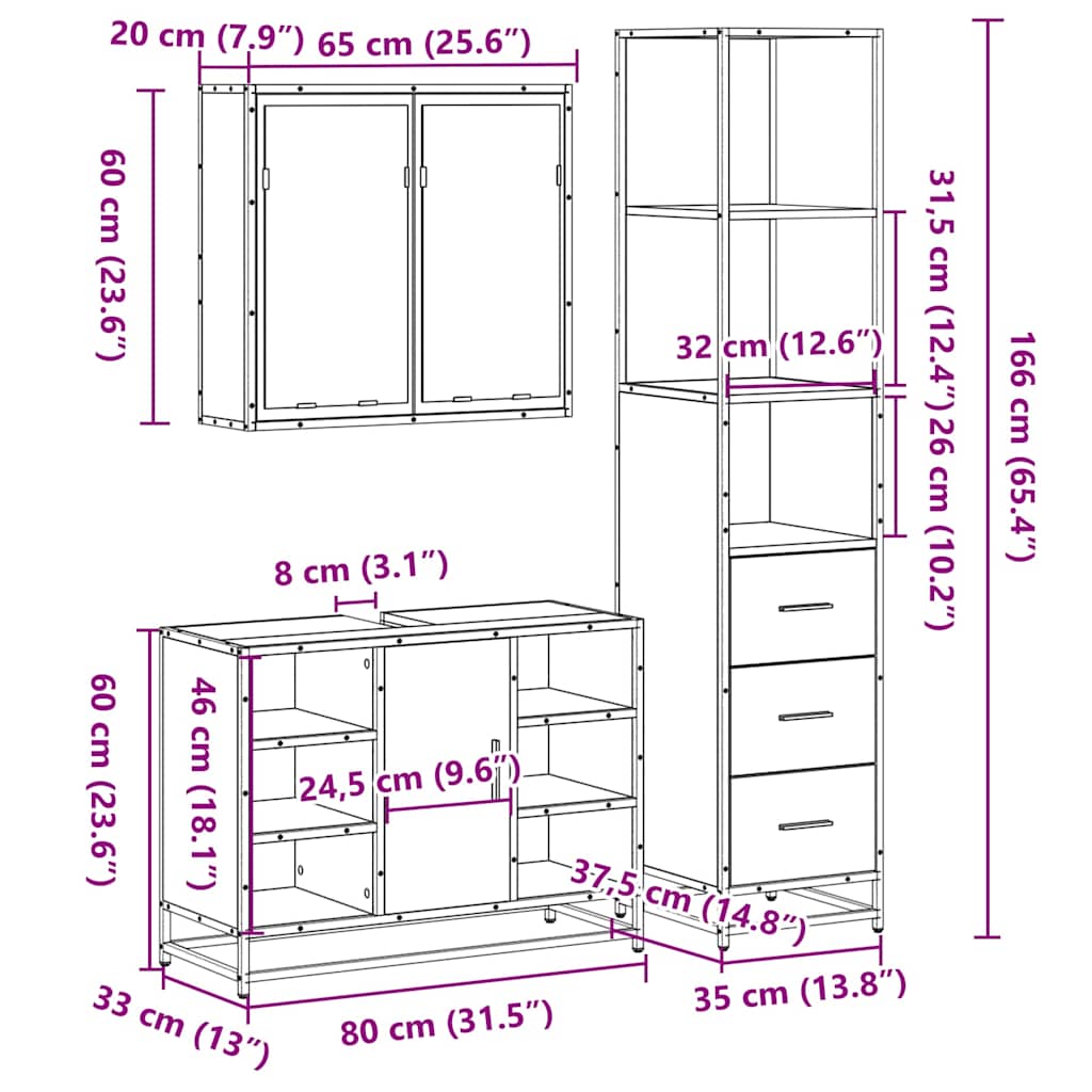 Set Mobili da Bagno 3 pz Rovere Sonoma in Legno Multistrato | homemem39