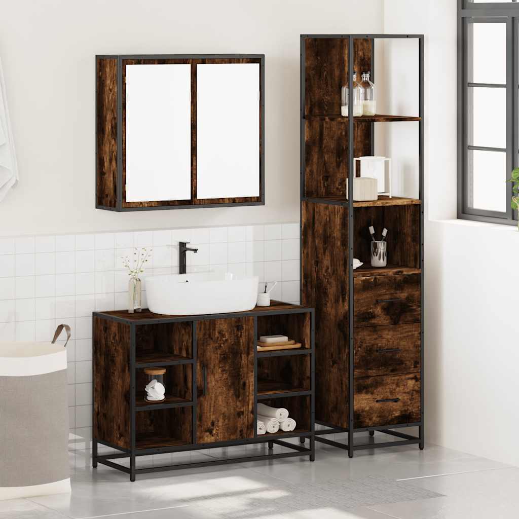 Set Mobili da Bagno 3 pz Rovere Fumo in Legno Multistrato | homemem39
