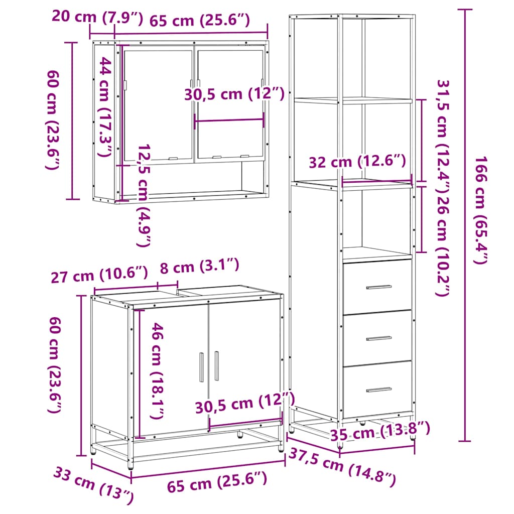 Set Mobili da Bagno 3 pz Rovere Fumo in Legno Multistrato | homemem39