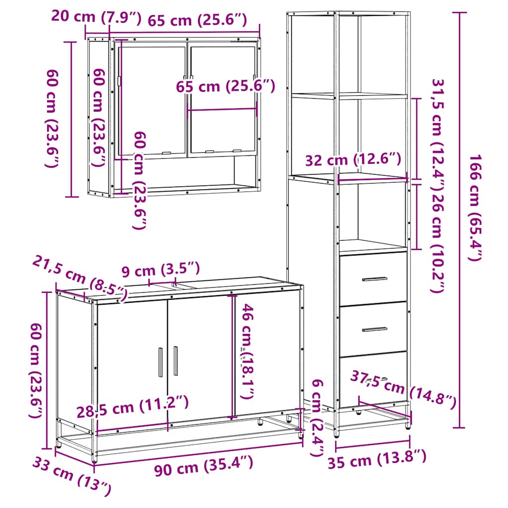 Set Mobili da Bagno 3 pz Rovere Fumo in Legno Multistrato | homemem39