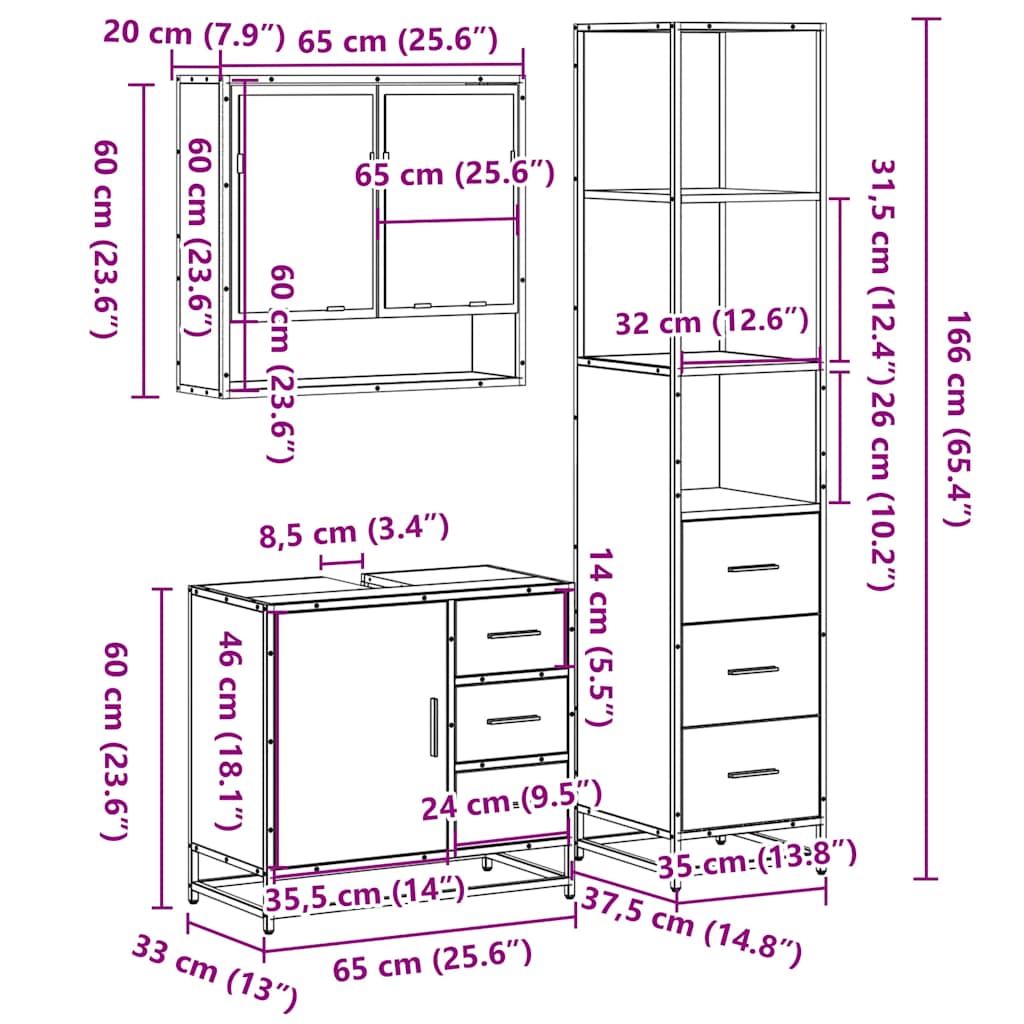 Set Mobili da Bagno 3 pz Rovere Sonoma in Legno Multistrato | homemem39