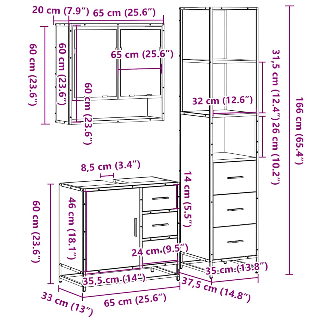 Set Mobili da Bagno 3 pz Rovere Fumo in Legno Multistrato | homemem39