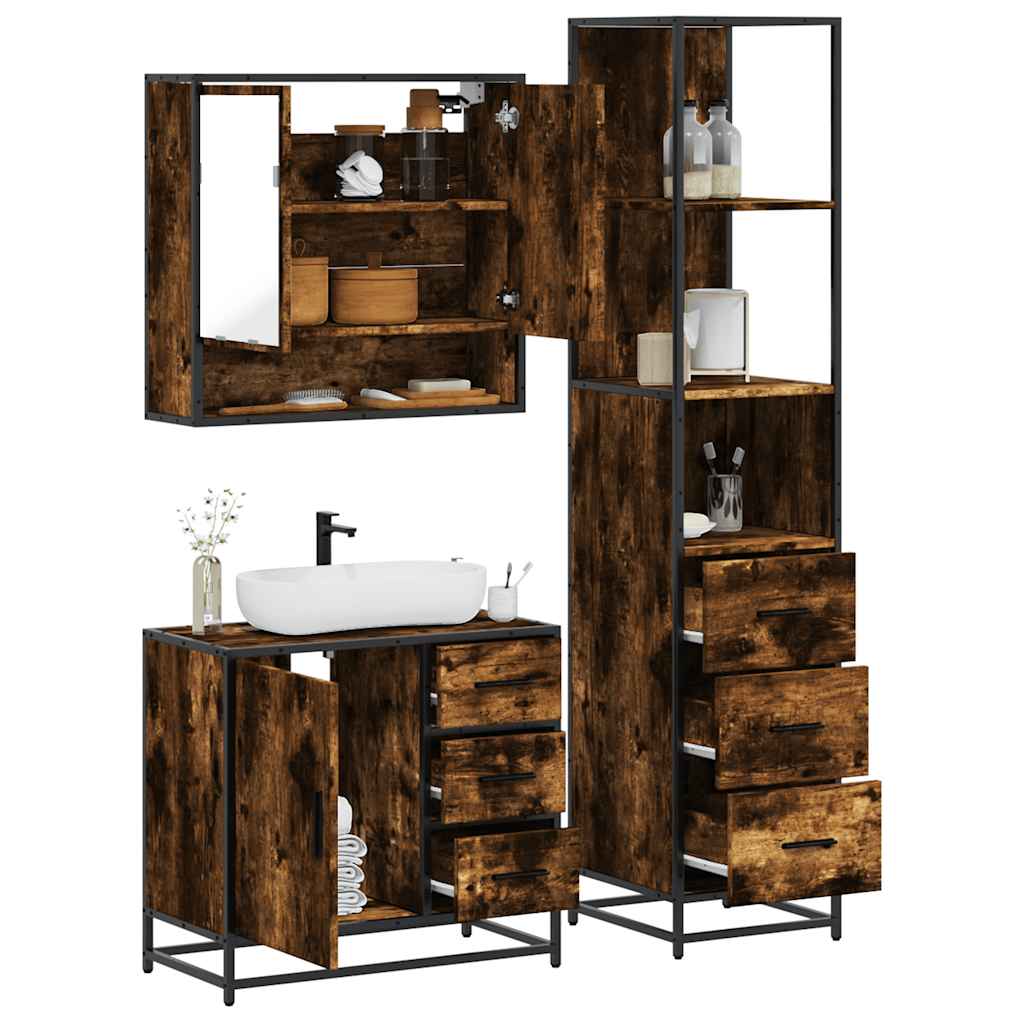 Set Mobili da Bagno 3 pz Rovere Fumo in Legno Multistrato | homemem39