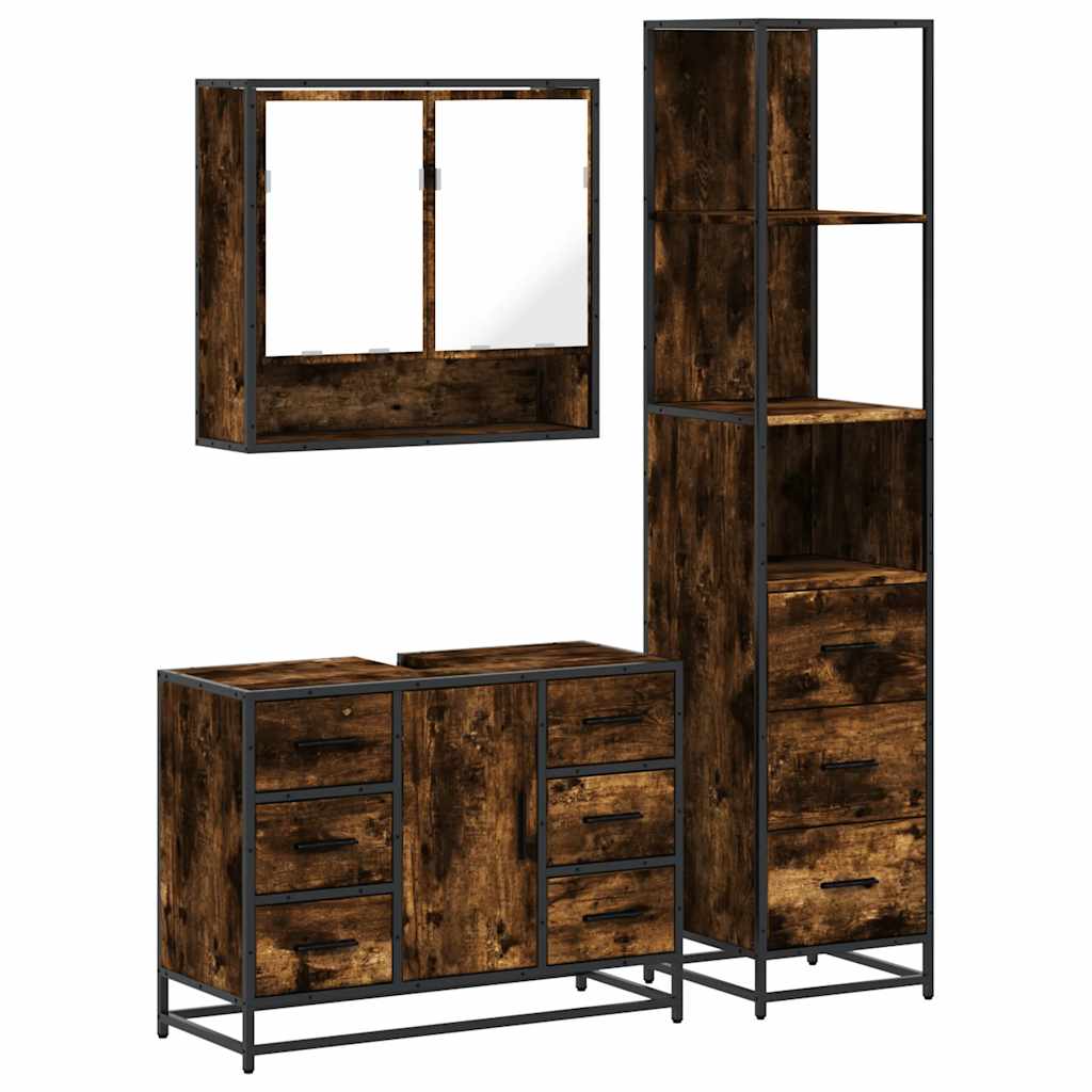 Set Mobili da Bagno 3 pz Rovere Fumo in Legno Multistrato | homemem39
