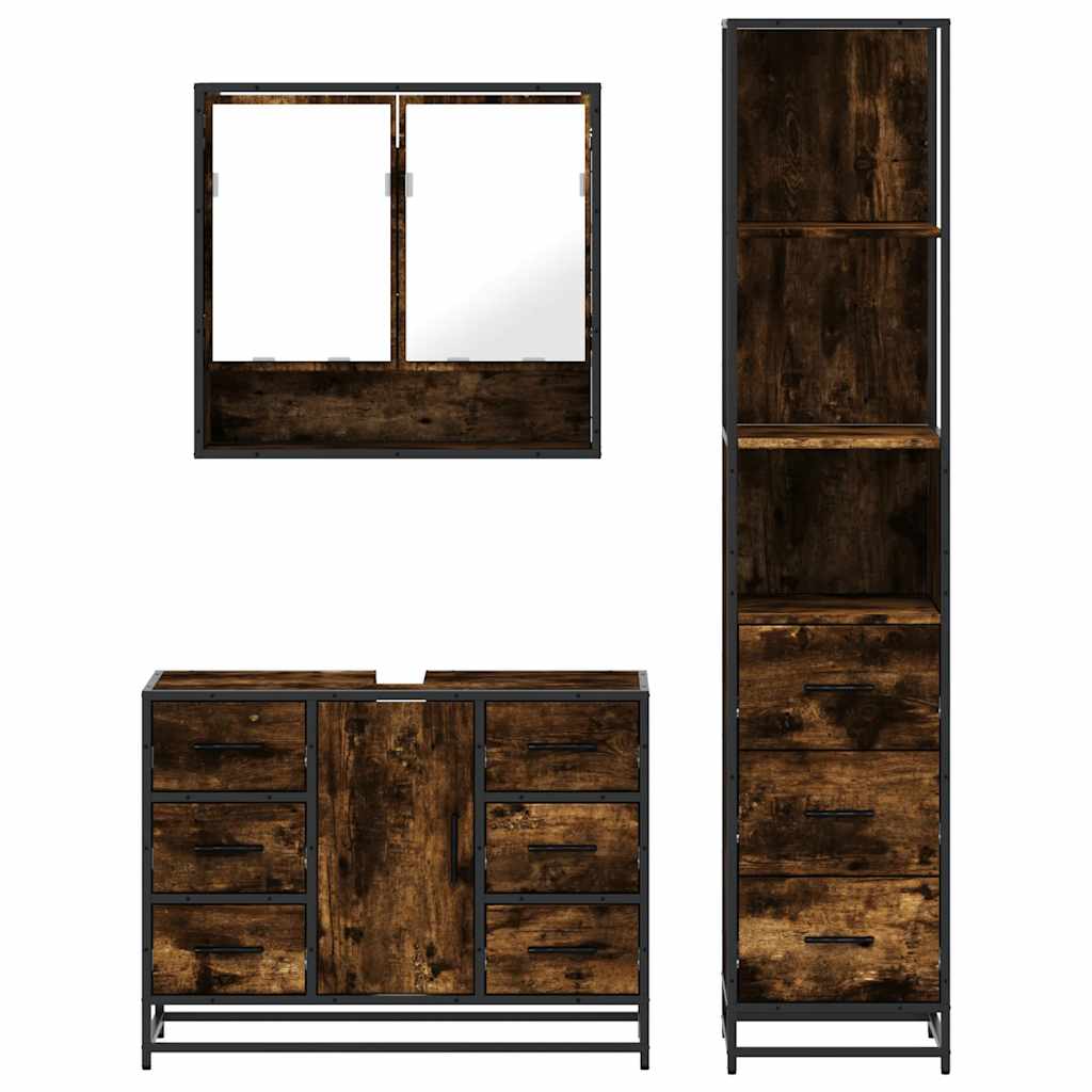 Set Mobili da Bagno 3 pz Rovere Fumo in Legno Multistrato | homemem39