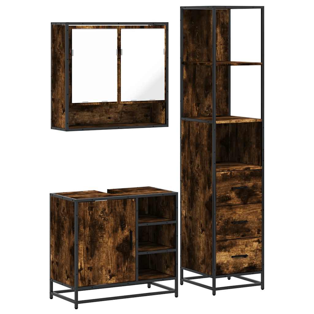 Set Mobili da Bagno 3 pz Rovere Fumo in Legno Multistrato | homemem39